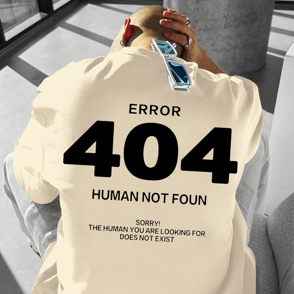 Men's Casual 404 Error Code Design T-Shirt - White, Loose Fit, Short Sleeve, Round Neck, Polyester, Summer Essential for Casual Attire