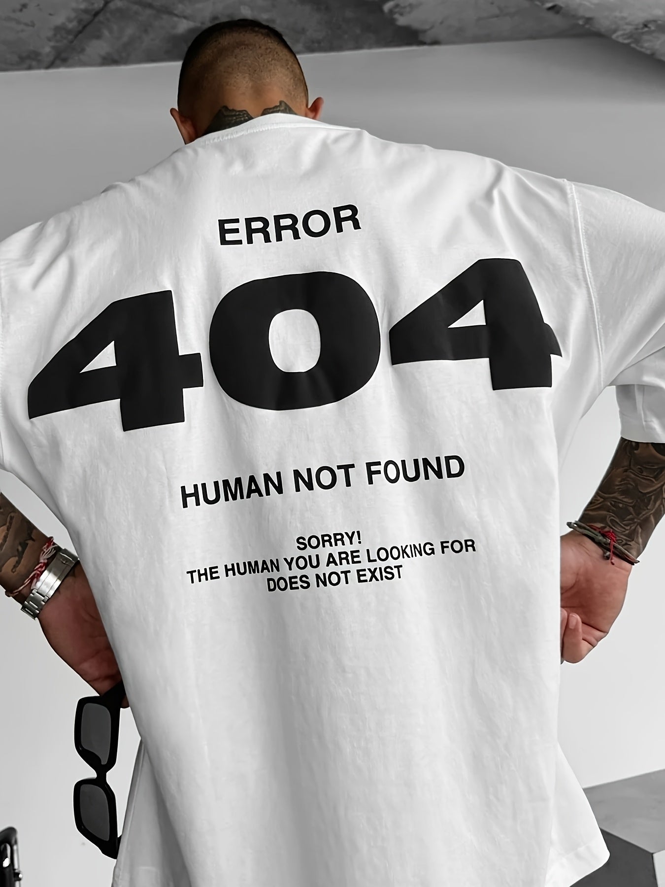 Men's Casual 404 Error Code Design T-Shirt - White, Loose Fit, Short Sleeve, Round Neck, Polyester, Summer Essential for Casual Attire